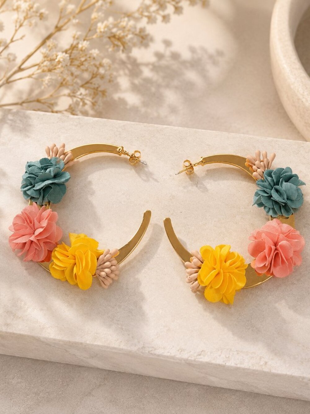 Gold Plated Hoop Earrings with Colorful Fabric Flowers